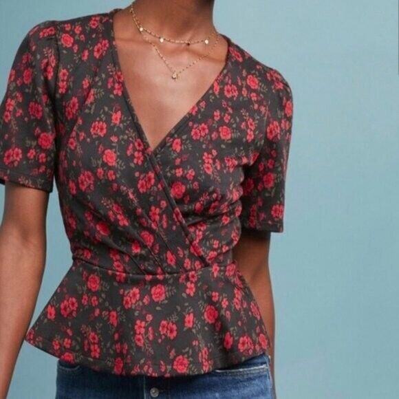 Meadow Rue Anthropolgie Size Medium M Black Red Rose Floral Peplum V Neck Top - Picture 7 of 8